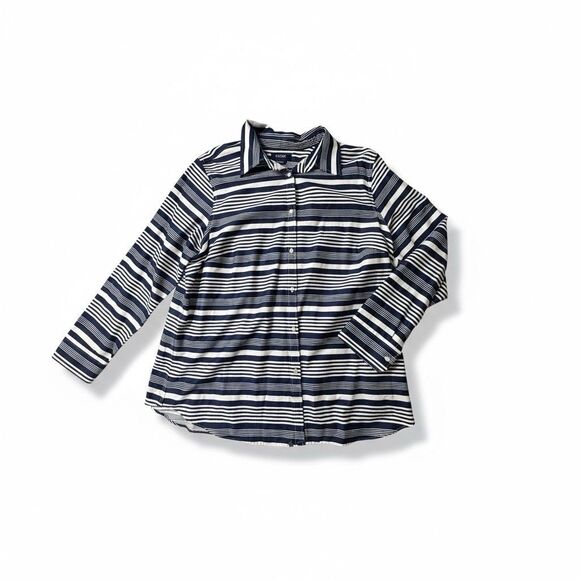 Chaps No Iron Shirt Womens 1X Navy Blue White Stripe Button Up Plus Size Pretty - Picture 1 of 8